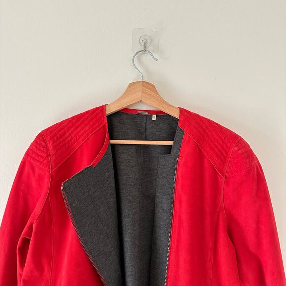Elie Tahari Lamb Suede Asymmetrical Zip Moto Jacket Red L - Picture 5 of 9